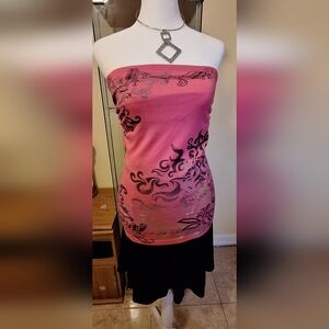 Pink Strapless  Hulter Top with Black Floral Design